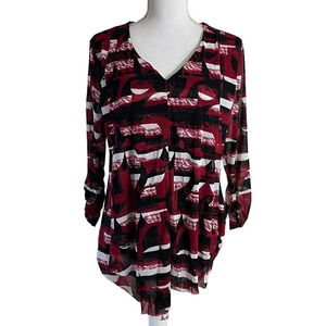 Alfani Mesh Blouse XL Nylon V Neck 3/4 Sleeves Red Black White Stretch Cocktail